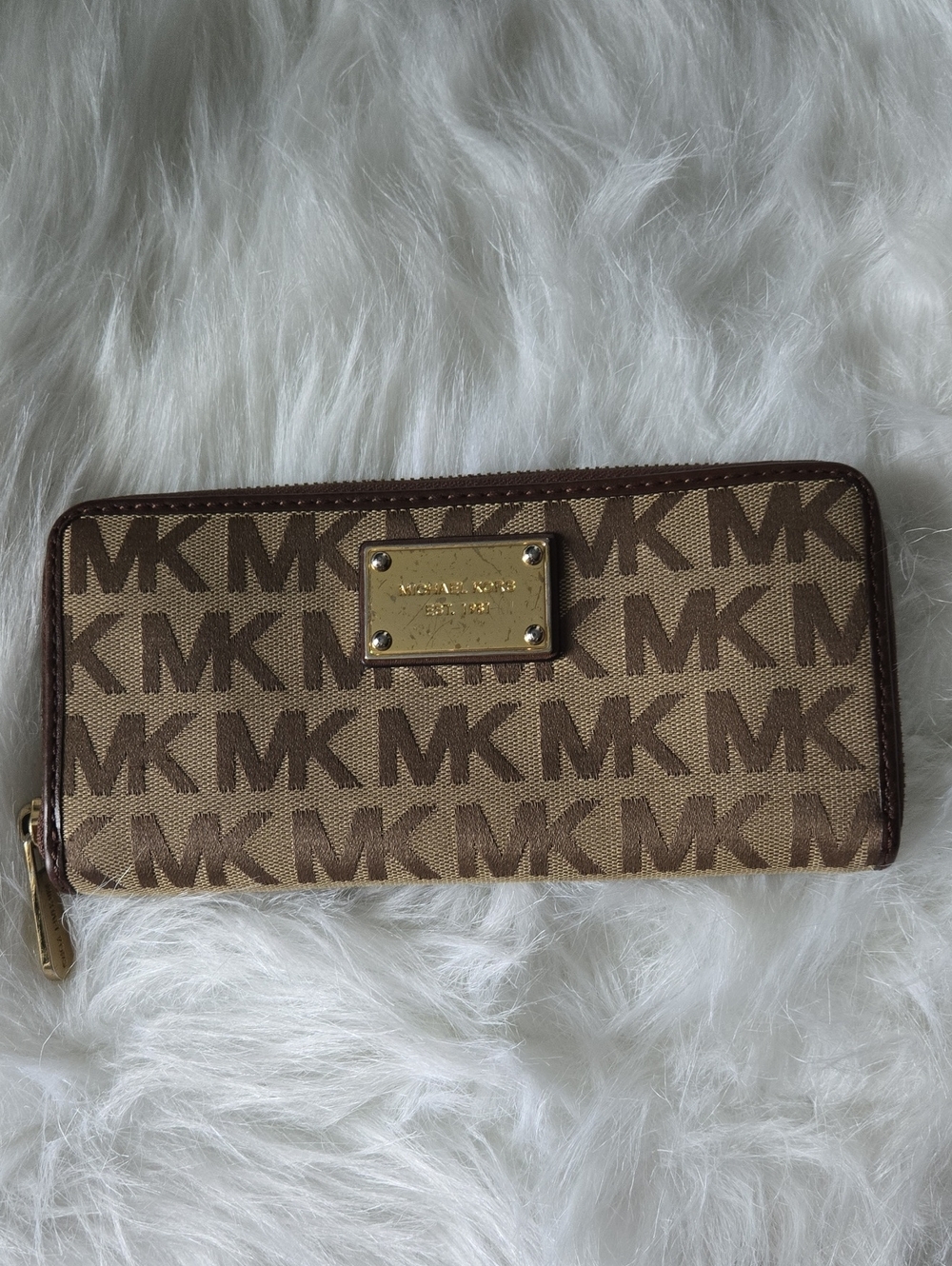 Michael Kors Tan and Brown MK Logo Zip Wallet